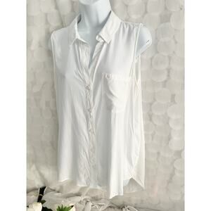 Beach Lunch Lounge White Sleeveless Blouse Medium Collared Casual Viscose Silky